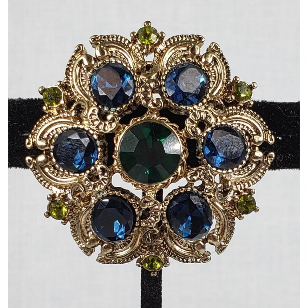VTG Seqin Brand Dome Brooch Faceted Rhinestones Green Blue Gold Tone Open Work - Picture 4 of 16
